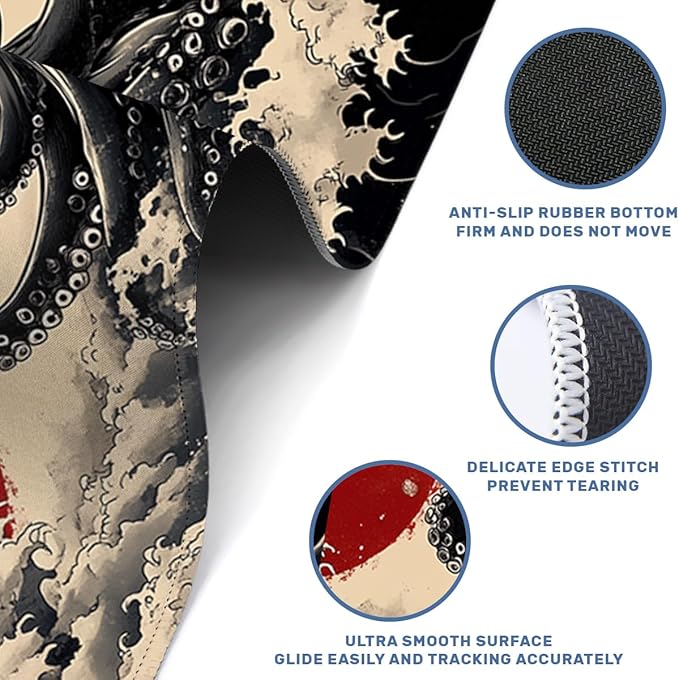 Octopus Gaming Mouse Pad Large Desk Mat Waves Japanese Ink Sea Monster Mousepad Computer Keyboard Pad Mouse Mat Laptop Mat 31.5 x 11.8 Mouse Pads for Desk Home Office Gaming