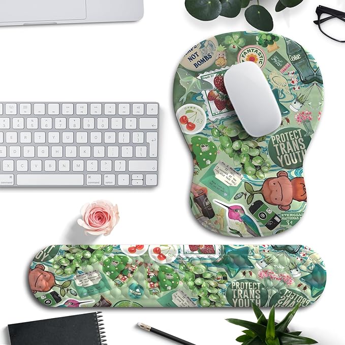 Mint Green Keyboard Wrist Rest Support Mouse Pad&Keyboard Set, Cute Green Ergonomic Mousepad Non-Slip Base Desk/Office Easy Typing Pad with Neoprene Cloth&Raised Curved Memory Foam