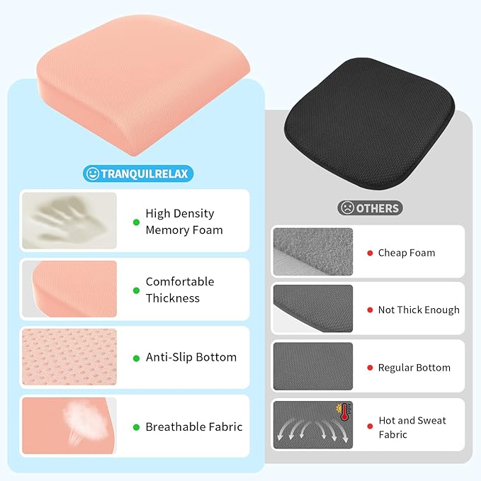 XLarge Seat Cushion, Memory Foam Cushion for Long Sitting Hours on Office Chair, Home & Car, Non-Slip Chair Pad for Relieving Back & Sciatica & Hip & Coccyx Pain (Pink)