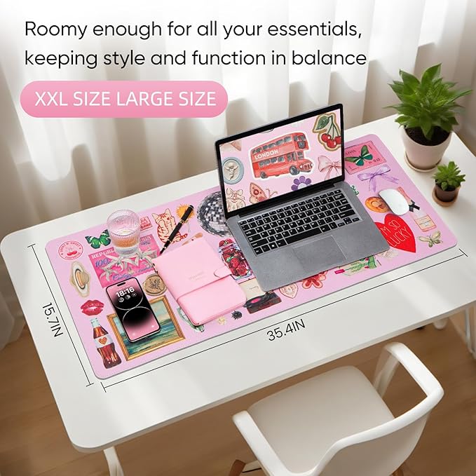 Pink Desk Mat, Leather Desk Pad Blotter Protector, XXL Large Mouse Pad,Computer Laptop Mouse Pads for Desktop,Waterproof Writing Anti-Slip Mousepad for Office and Home I Colorful Stickers