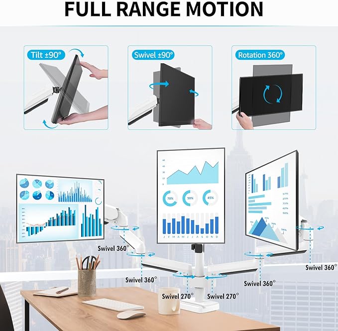 MOUNTUP Triple Monitor Stand Mount - 3 Monitors Desk Mount for Computer Screens Up to 27 inch, Triple Monitor Arm, Heavy Duty Monitors Stand, Each Arm Holds 4.4-19.8 lbs, White