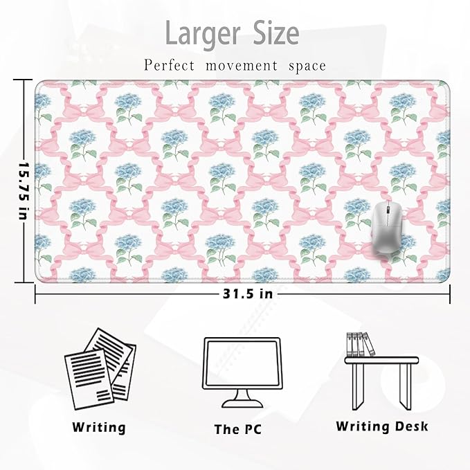 Blue Hydrangea Large Mouse Pad 31.5x15.7inch, Trendy Coquette Pink Bow Flower Aesthetic Large Extended Computer Desk Mat Mousepad for Keyboard and Mouse, Preppy Desk Accessories