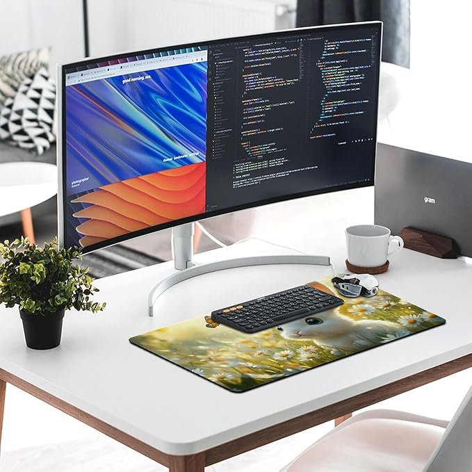 Large Ergonomic Gaming Mouse Pad Baby Bunny in Daisy Field - Sweet Rabbit Theme with Non-Slip Base Water-Resistant Surface and Stitched Edges 40X75cm