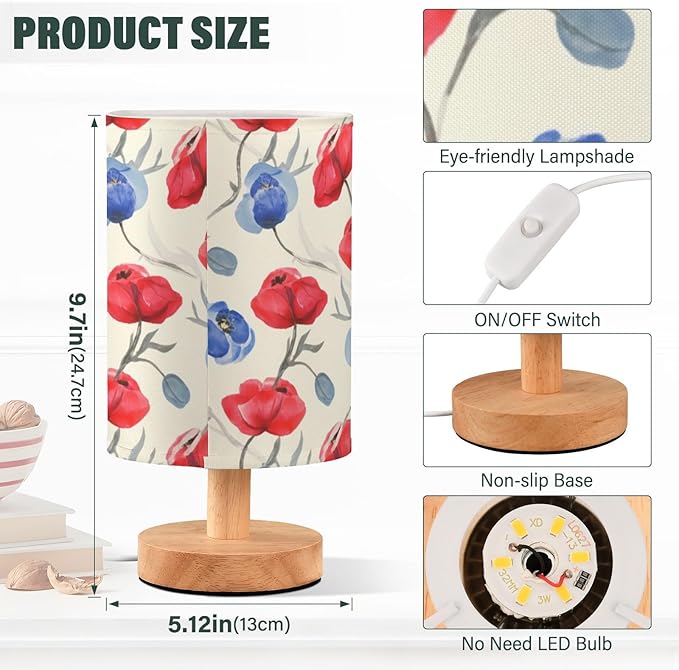 Red Floral LED Table Lamp, Bedside Lamp with Linen Lampshade, Flicker-Free Eye Care USB Plug in Nightstand Lamp, for Bedroom and Office