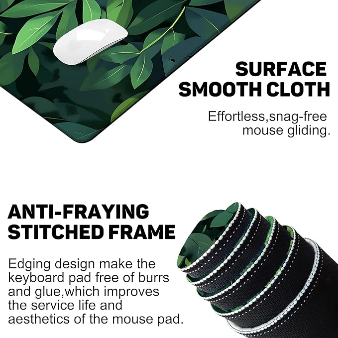 Large Mouse Pad 35.4x15.7 Inch Black Cat Hides Among The Green Leaves Gaming Desk Mat with Non-Slip Rubber Base, Stitched Edges for Gaming,Office