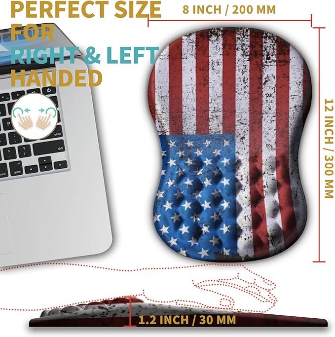 Hokafenle Ergonomic Mouse Pad Wrist Support with Massage Design, Wrist Rest Mousepad with Memory Foam&Non-Slip PU Base, Mouse Pads for Wireless Mouse & Desk (12x8 inch,USA Flag)