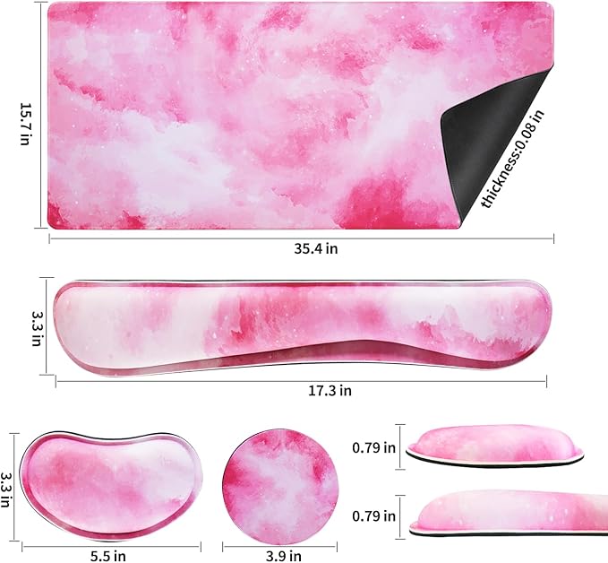 Bloss Clouds Mouse Pad and Keyboard Wrist Rest, 4-in-1 Desk Mat, Cute Desk Pad Easy Typing & Comfort, Desk Decor for Women Girls-Pink Clouds (35.4 x 15.7 Inches)