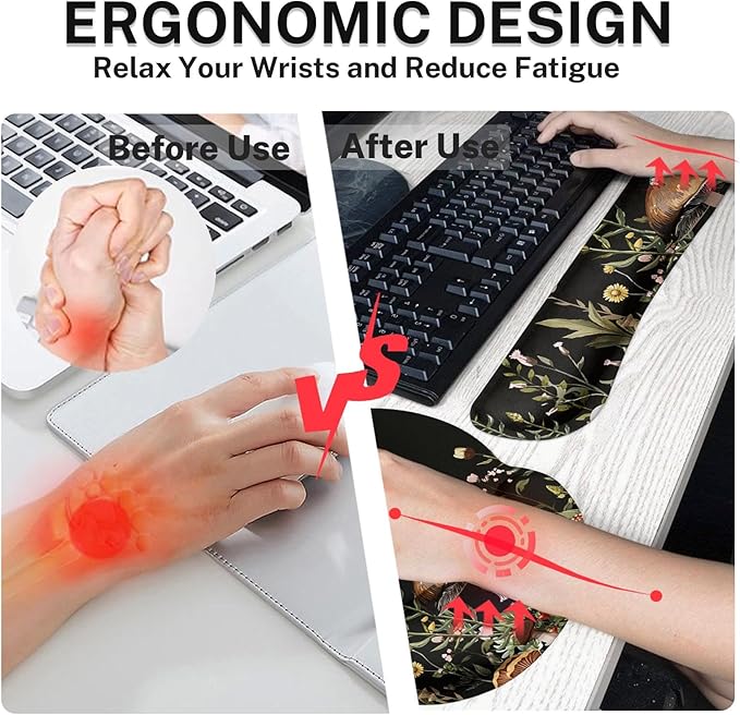 Britimes Black Mushroom Floral Keyboard Mouse Pad Set Plant Flower 4in1 Large Mousepad+Keyboard Wrist Rest+Mouse Wrist Rest+Coaster Ergonomic Design for Home Office Computer 35.4x15.7 inches