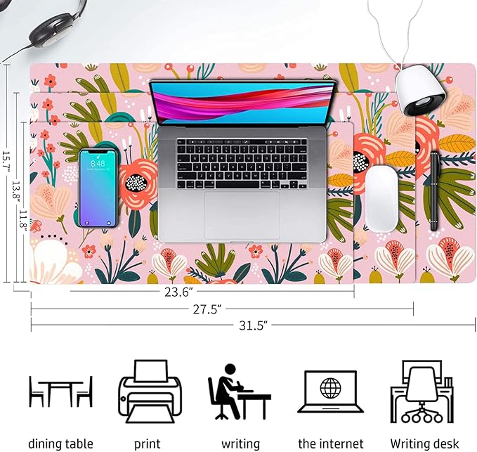 Desk Mat Large Protector Pad 27.5" ×13.8", Non-Slip PU Leather Desk Blotter, Waterproof Mouse Pad for Office Home Pink Floral
