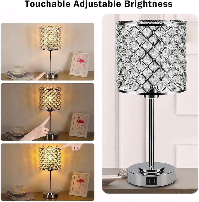 Crystal Table Bedside Lamp Touch Control, Dimmable Small Nightstand Lamp Set of 2 with USB-C+A Charging Ports, Decorative Silver Tabletop Lamp for Bedroom Living Room Guest Room, Bulbs Included