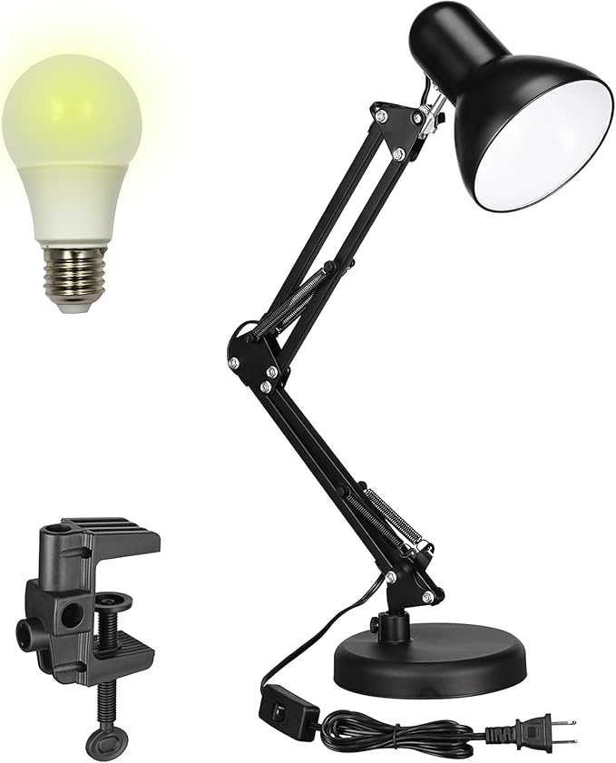 Metal Desk Lamp with Clamp, Swing Arm, Architect Adjustable Desk Lamps for Home Office, Clip Desk Lights for Home Office, Study, Work, Reading, E26 Base, Multi-Joint– Includes Bulb