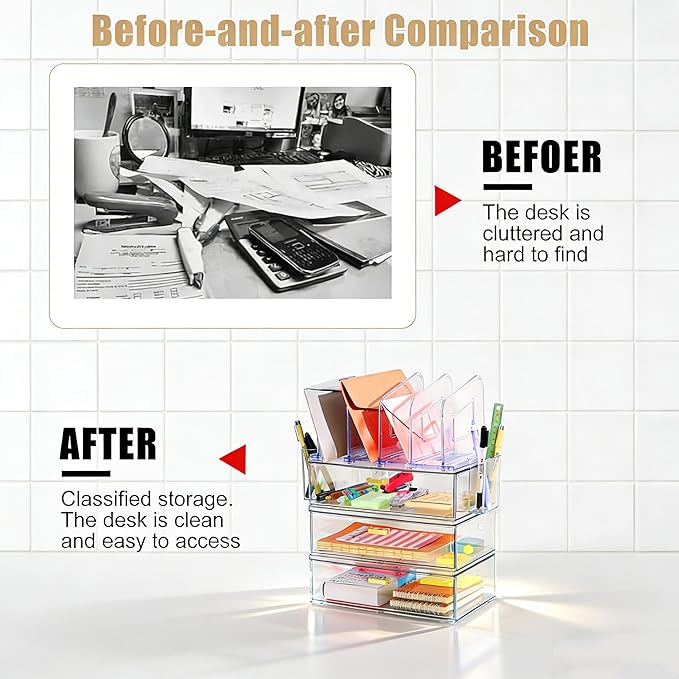Acrylic Desk Organizer with 4-Vertical File Holder Rack, 3-Clear Drawer and 2 Pen Holders, Desktop Storage for Office Desk Accessories School Classroom Organization (Clear)