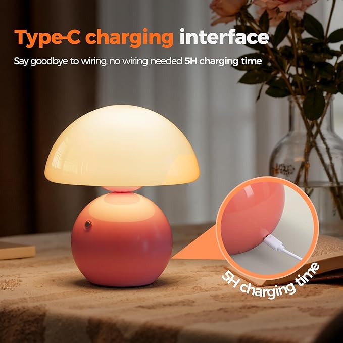 NIORSUN Mushroom Lamp Table Lamp for Bedroom, Portables Cordless Table Lamp,Wireless lamp,Small Bedside Table Touch Lamps for Living Room,Mini Mushroom 5200mAh Battery Operated Lamp Modern Pink