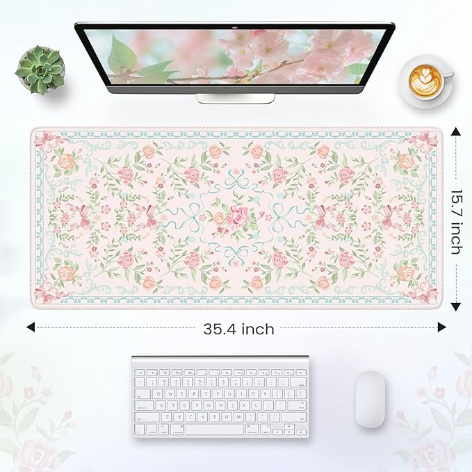 HAOCOO Blue Desk Mat, Cute Bow Keyboard Mat, Floral Desk Mouse Pad for Women, 35.4" x 15.7" Non-Slip Waterproof Desk Pad, Computer Mat with Edge Stitching for Office, Home Desk Cover