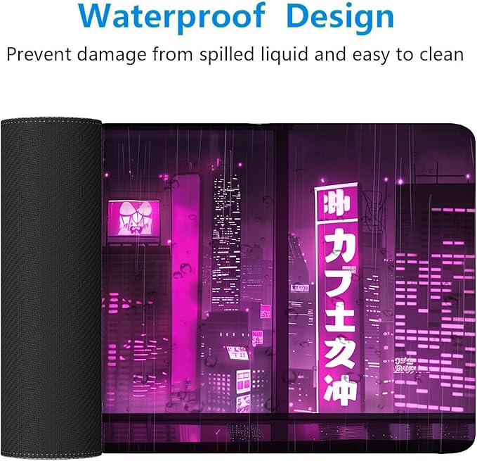 Purple Anime Desk Pad Mouse Pad Japanese Cat Night Tokyo Extended Gaming Mouse Pad Mat with Stitched Edge Non-Slip Base Big Mouse Pad 31.5"x11.8" Office Computer Keyboard Laptop Home