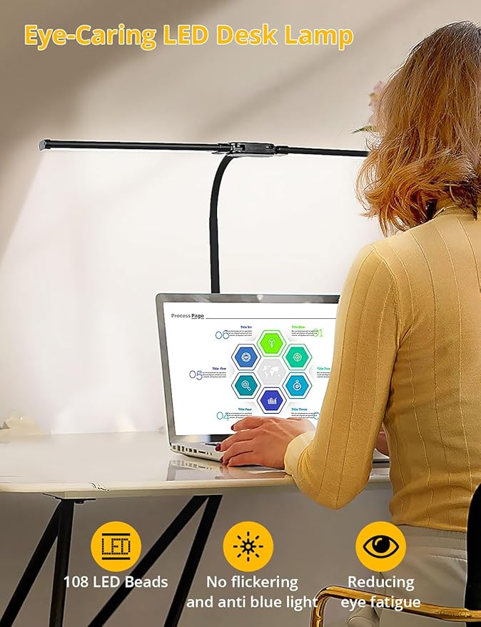 Desk Lamp, Dual Head, Smart USB A+C Charging Port, 5 Color Modes Dimmable, 2600 Lumens 12W Wide-Angle Lighting Table Lamp, 49cm Height for Bedside Reading, Office, Study, Crafts, Draw