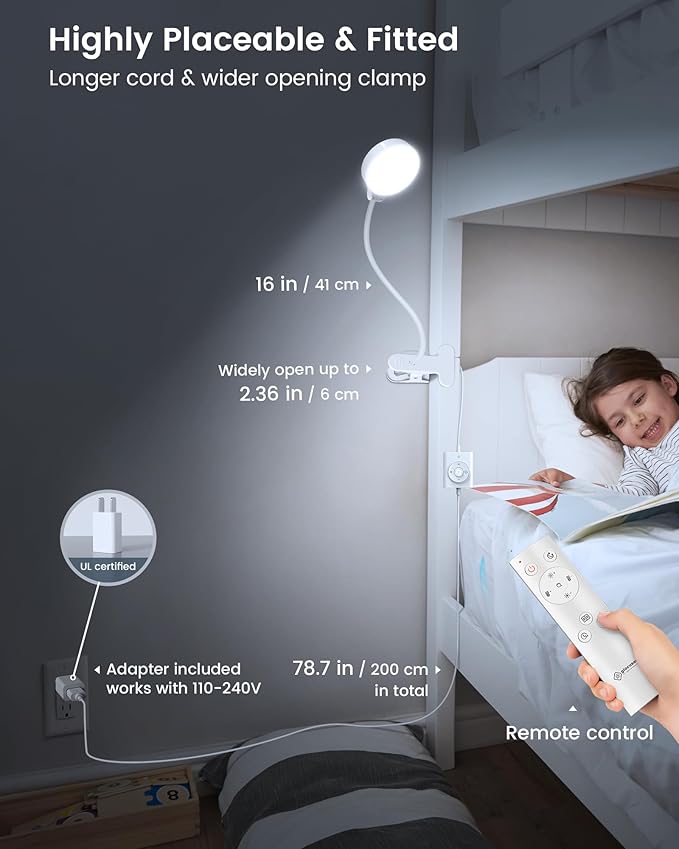 Glocusent 5W Reading Light for Bed, 36 LED Eye Caring Bed Lamp, 3 Colors & 5 Brightness Levels for Headboard with Adapter, Perfect Clip on Light for Reading, Working & Studying (White with Remote)