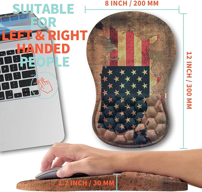 Ergonomic Mouse Pad Wrist Support with Memory Foam Massage Bulge, Carpal Tunnel Mousepad Wrist Rest for Mouse(12x8 inch, USA Flag Map)