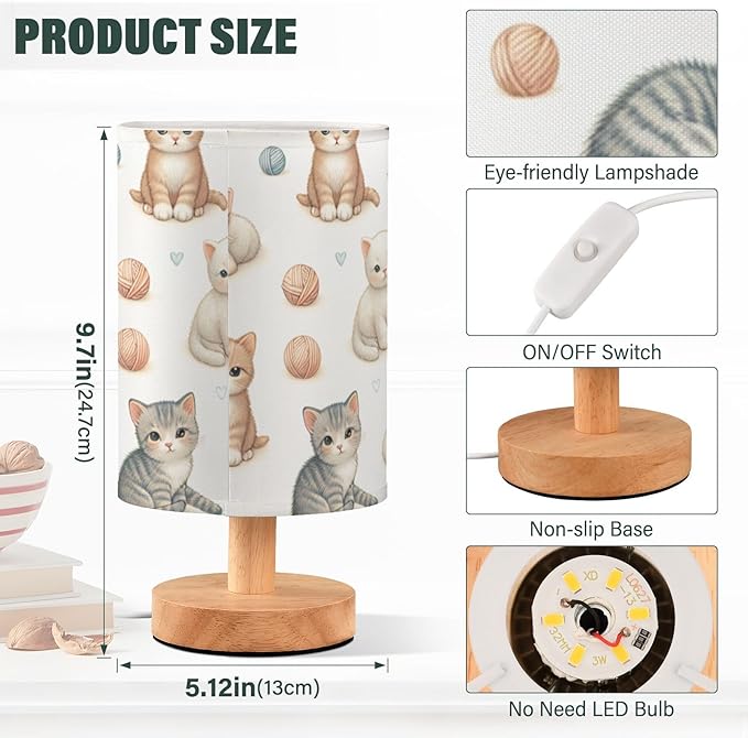 Cute Cat LED Table Lamp, Bedside Lamp with Linen Lampshade, Flicker-Free Eye Care USB Plug in Nightstand Lamp, for Bedroom and Office