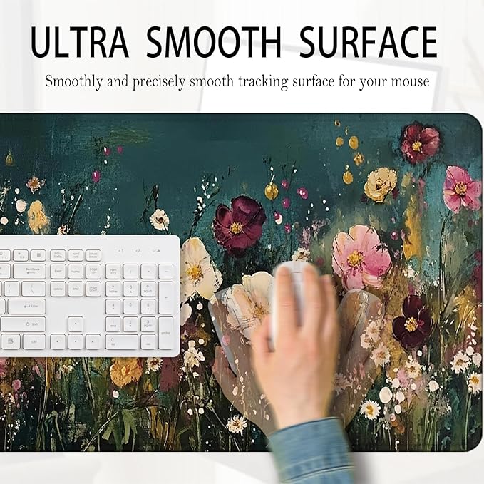Vintage Wildflower Large Mouse Pad 31.5x15.7inch, Retro Floral Large Extended Computer Desk Mat Mousepad for Keyboard and Mouse, Floral Desk Accessories