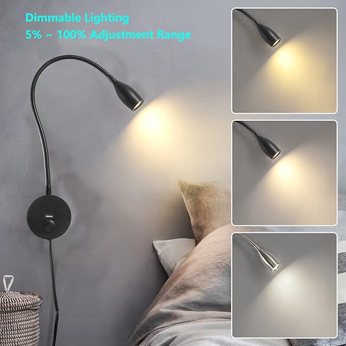 LED Wall Reading Light with USB Charging Port, Dimmable Gooseneck Bedside Lamp, Flexible Arm, 3W (Black, 120V Plug in, Warm White)