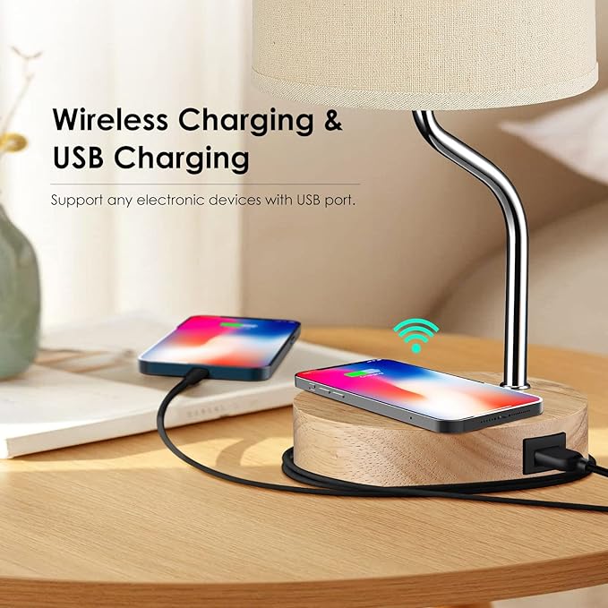 Set of 2 Smart Bedside Table Lamp with Wireless Charger & USB Port - Touch Control LED Desk Lamp for Bedroom, Dimmable Wooden Nightstand Lamp with Fabric Shade for Living Room, Kid's Room, (Cream)