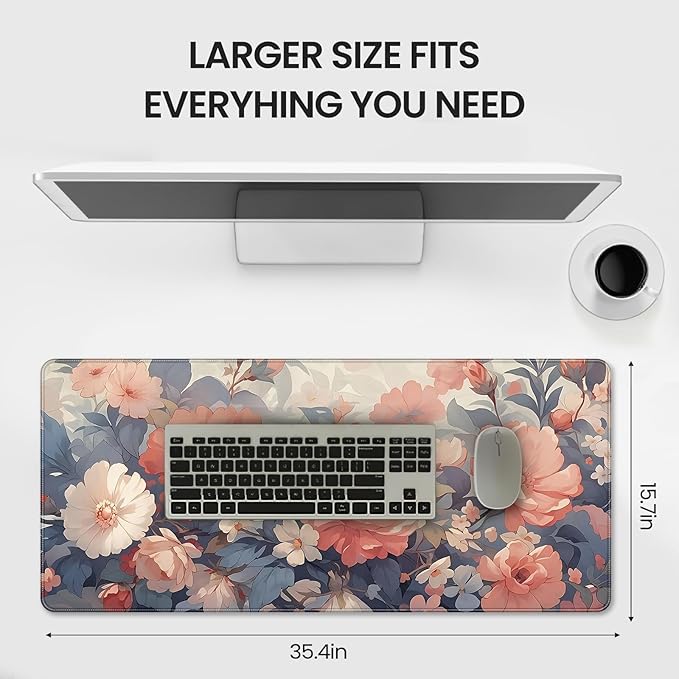 XXL Large Gaming Mouse Pad, 35.4 x 15.7 inches, with Non Slip Rubber Base, Extended Keyboard Pad for Home Computer Office Workstations, Large Laptop Mouse Pads Blooming Flowers