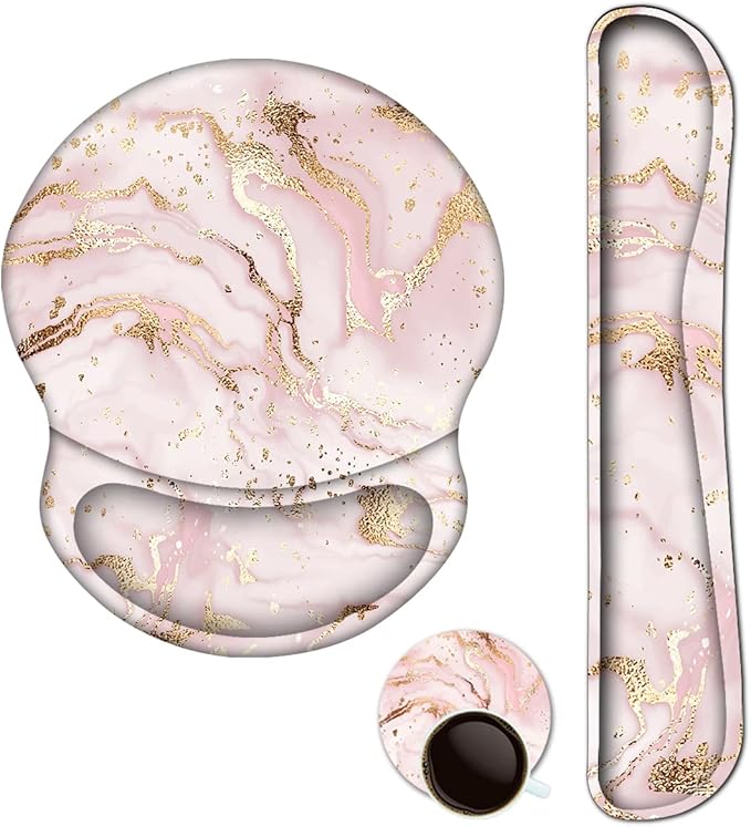 ArtSo Upgraded Wrist Rest Support for Mouse Pad & Keyboard, Ergonomic Gel Mousepad Non-Slip Rubber Base Home, Office Wrist Support & Easy Typing Cushion Neoprene Cloth & Soft Memory Foam, Pink Marble