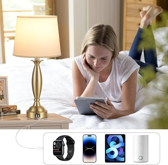 Seealle White Gold Lamps for Bedrooms Set of 2 - Touch Control Bedside Lamp with USB C+A, 3 Way Dimmable Nightstand Lamps with USB Port, Table Lamp for Living Room(White Shade and Gold Base)