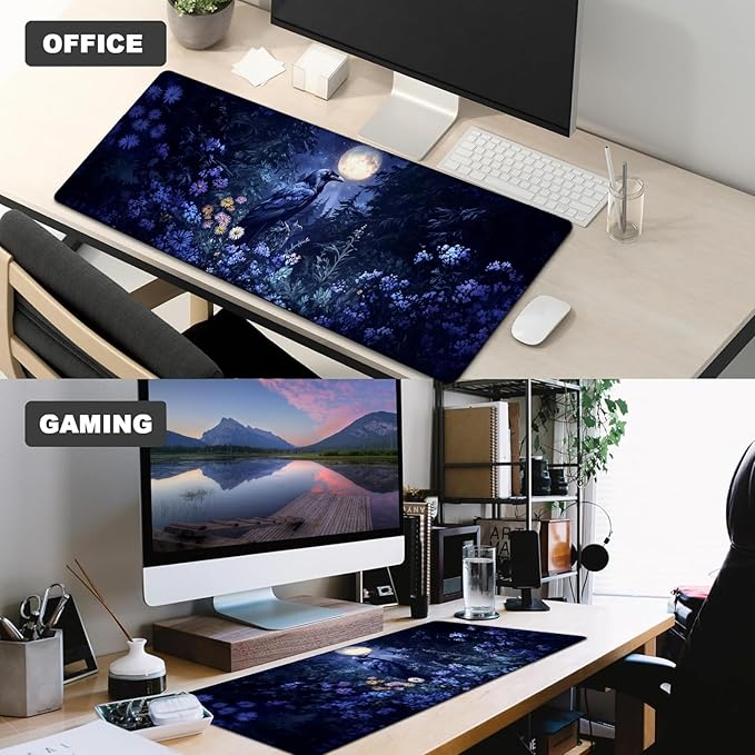 Raven and Moonlit Forest Gaming Mouse Pad,12x31.5in Non-Slip Rubber Gothic Desk Mat,Large Extended Goth Mystical Night Mousepad for Office Home Laptop,Mice Pads Gifts,Game Lover Deskmat Decor