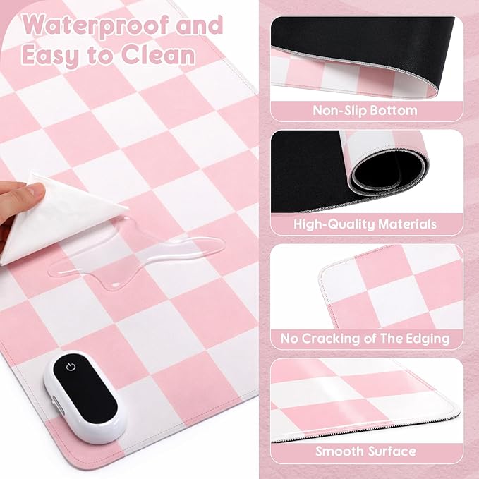 Konohan Heated Large Desk Mat PU Leather Cute Warm Mouse Pad with 5 Heating Level & 4 Hour Auto Shut-Off Heating Keyboard Pad Warmer Gaming Mice Mat Only Supports 110v(Pink Checkerboard, 31.5" X 13")