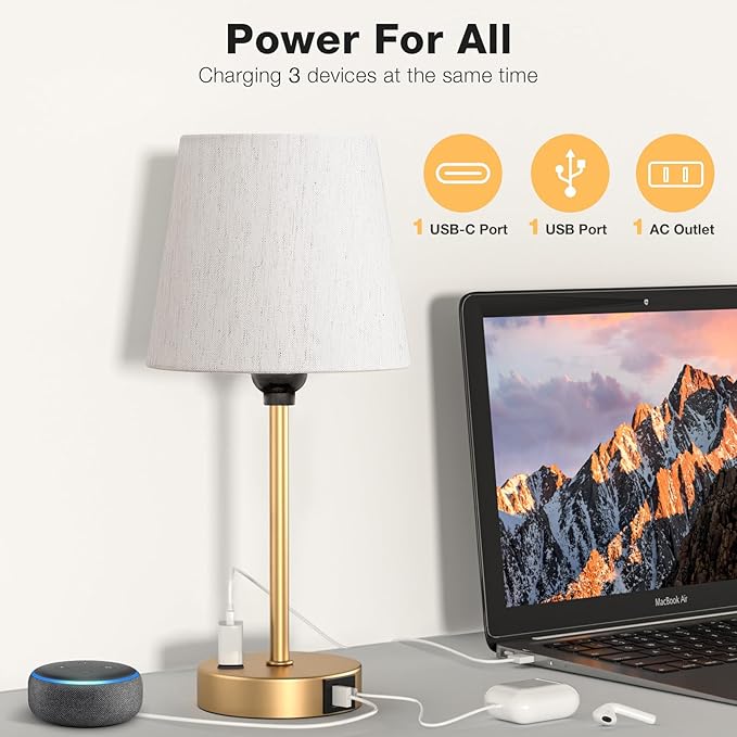 Acaxin Lamp for bedrooms Set of 2 - Nightstand Bedroom Lamp with USB C Port and AC Outlet Charging, 3 Way Dimmable Touch Control Bed Side Table Lamp, Small Night Stand Light for Kids/Guest Room