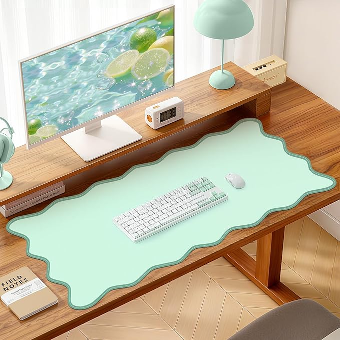 Leather Desk Mat, XXL Large 31.4x15.7in Scalloped Gaming Mouse pad，Non-Slip Rubber Base Keyboard Pad Mousepad for Laptop Computer Game Home Office，Waterproof and Oilproof Desktop Mat I Green