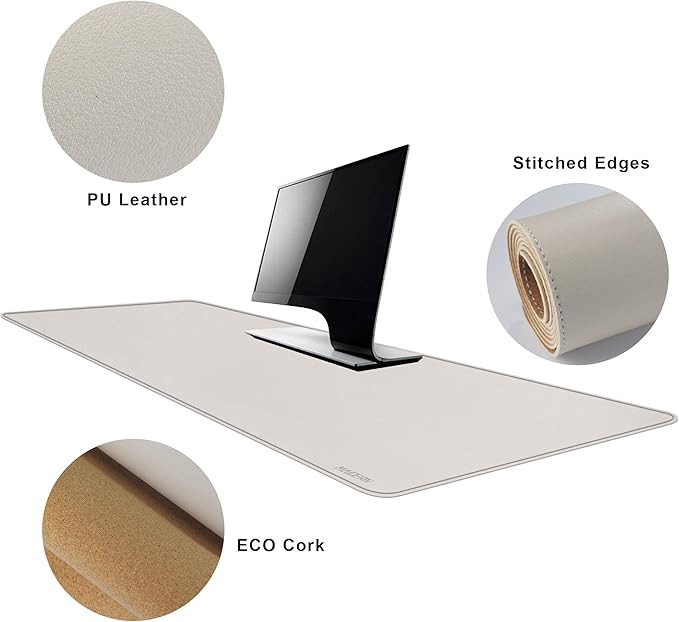 MAIDERN 55" x 24" Cork & Leather Desk Pad, Large XXL Mat, Full Mouse Pad, Dual Sided Protector for Gaming Home Office (Cream)