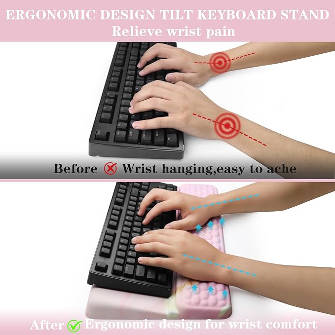 Ergonomic Keyboard Stand with Wrist Rest, Computer Wrist Support Pad, Tilted Keyboard Riser Holder Lift Tray with Wrist Pad, Easy Typing, Comfy Soft Memory Foam Desk Cushion for Office Home