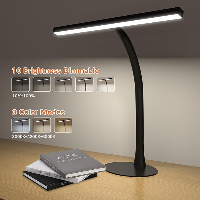 LED Desk Lamp for Home Office, 360° Flexible Gooseneck Desk Light with 3 Color Modes & 10 Brightness, Eye-Caring Adjustable Task Light for for Piano, Computer, Workbench, 10W, 1000LM (Black)