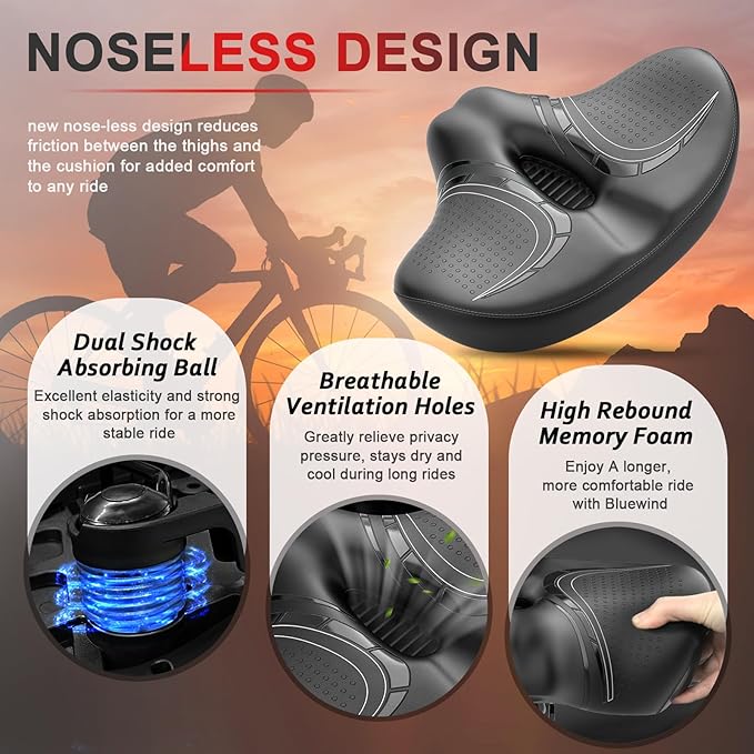 BLUEWIND New Noseless Oversized Bike Seat, Wide Bicycle Saddle Novel Backrest Design for Electric Bike, Universal Fit Exercise Bike or Road Stationary Bike Seat Cushion for Men & Women