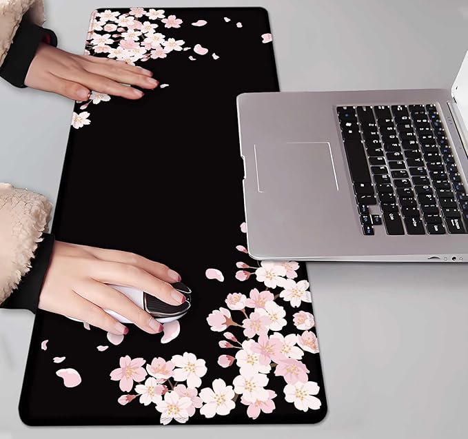 IMAYONDIA Sakura Japanese Desk Mat, Cherry Blossom Large Gaming Mouse Pad, Black Elegant Floral Mousepad for Women, Minimalistic Flower Aesthetic Desk Pad for Work, Game, Office, 31.5x11.8