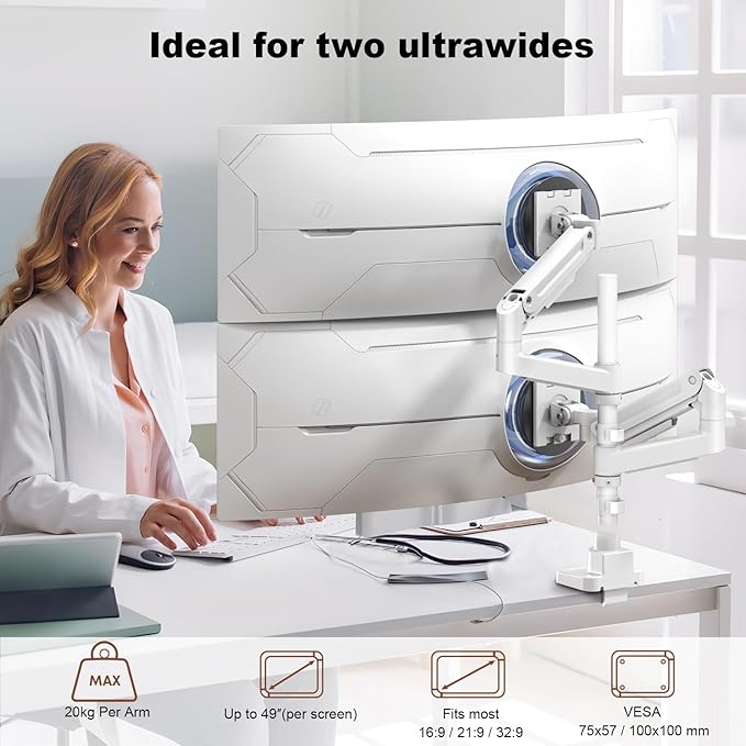 Dual Monitor-Arm Heavy-Duty for 17-49-inch Screens - Vertical Stacked Dual Monitor Mount Stand for Ultrawide Screens up to 44lbs, Aluminum,Full Motion, VESA 75/100 mm, White