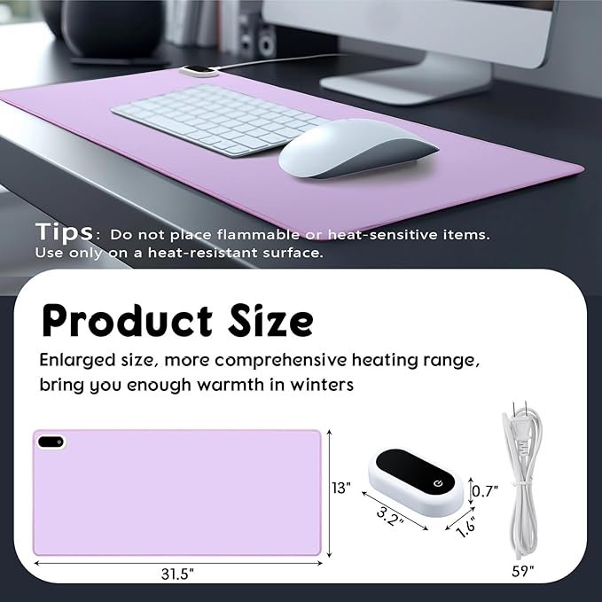 Konohan Heated Desk Pad Warm Mouse Pad, 5 Heating Level & 4 Hour Auto Shut-Off, PU Leather Warm Mouse Mat Heating Keyboard Gaming Mice Warmer Mat Only Supports 110v(Purple Color,31.5" X 13")