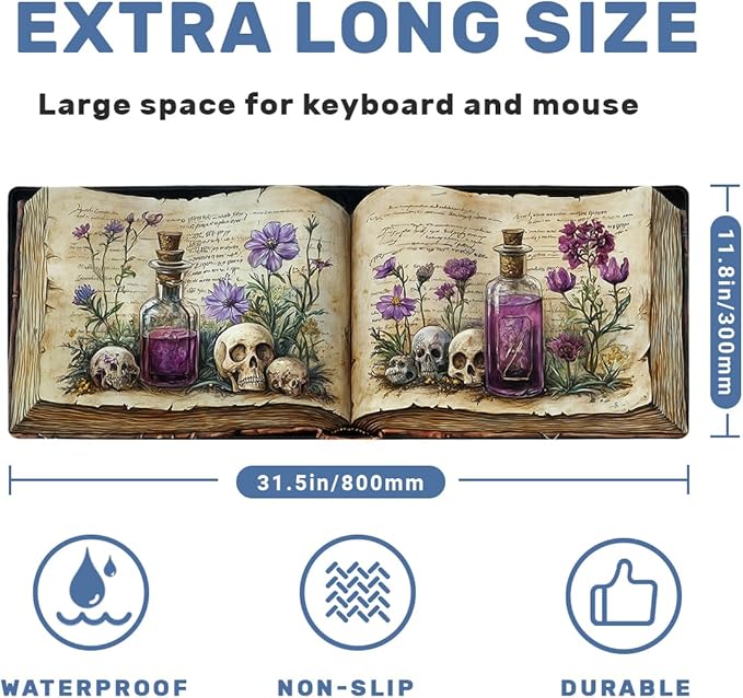Bookshelf Desk Mat Gaming Mouse Pad Mystic Plants Dark Grimoire Magic Skull Mousepad for Keyboard and Mouse Extra Large Full Desk Computer Pads 31.5 x 11.8 Mouse Pads for Desk Home Office Gaming
