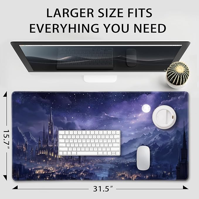 Fantasy Castle Night Scene Large Gaming Mouse Pad 31.5"x15.7"｜XXL Desk Mat, Non-Slip Rubber Base & Stitched Edges - Extended Waterproof Mousepad for PC/Laptop/Office/Home Decor