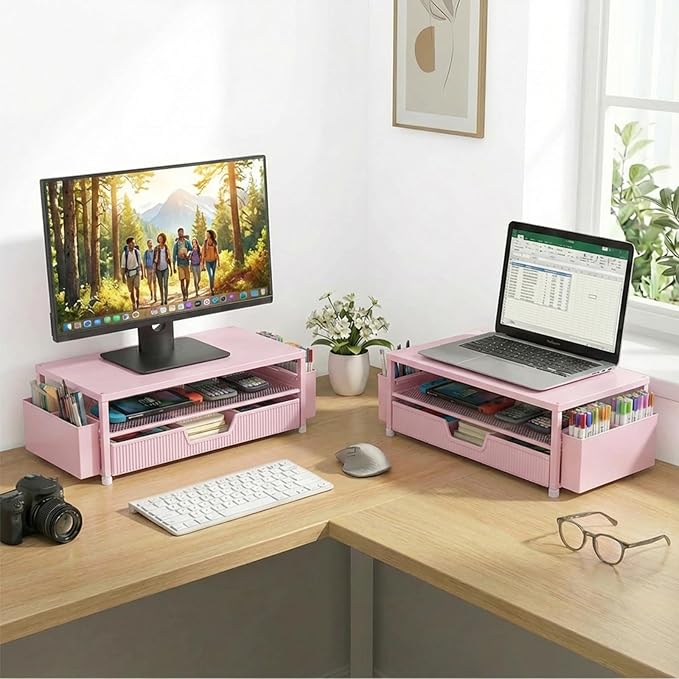 Desk Organizer and Accessories, 2-Tier Computer Monitor Stand Rise with Storage Drawer & 2 Pen Holders, Laptop & Printer Stand for Desktop, Workspace Organizers for Office Supplies (Pink)
