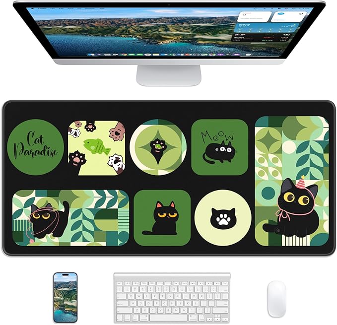 XL Gaming Mouse Pad, 31.5x15.7'' Large Desk Mat with Anti-Slip Rubber Base & Stitched Edges for Gaming, Office, Home, Cute Kitty