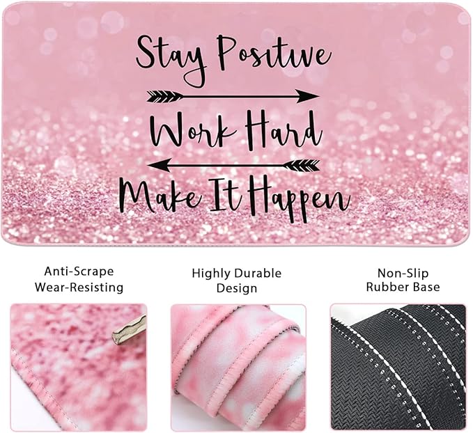 Large Mouse Pad and Keyboard Wrist Rest, Desk Pad for Keyboard and Mouse, 4-in-1 Large Gaming Mouse Pad with Wrist Support, Desk Mat for Home Office Study Game-Pink Stay Positive