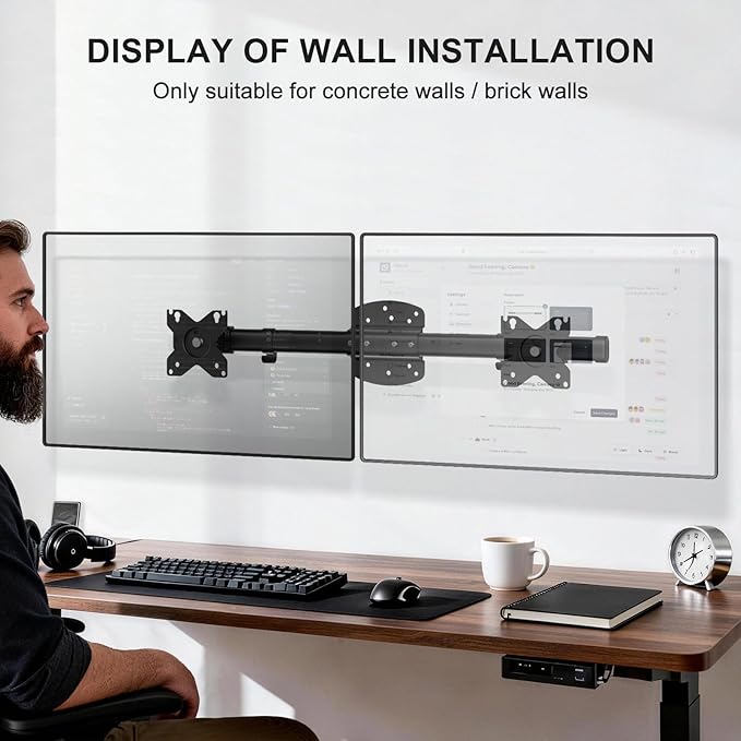 WALI Dual Monitor Wall Mount, Single to Double Bracket Adapter, Horizontal Assembly Arm for 2 Screen up to 27 inch (012ARM), Black