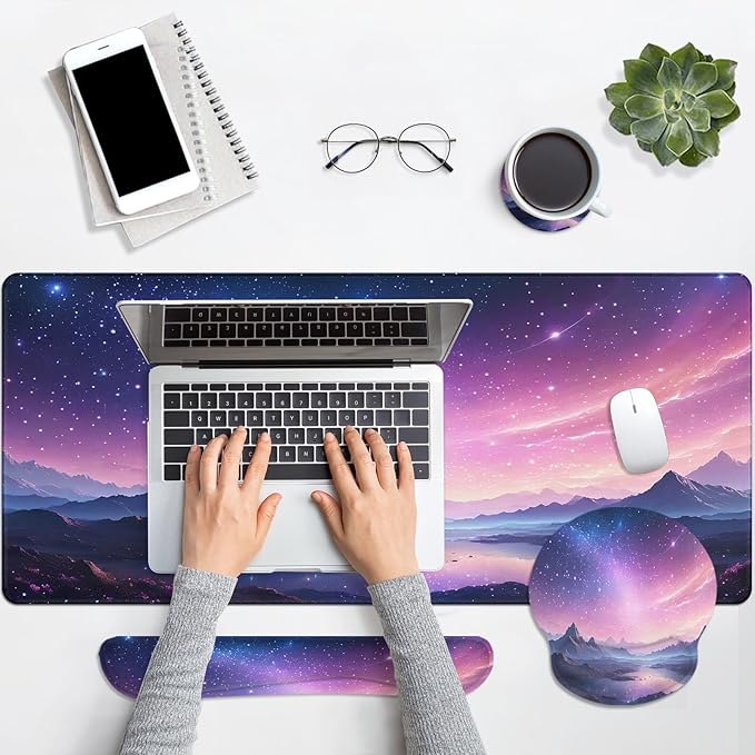 Arttown Dreamy Galaxy Desk Mat Mountains Nebula Mouse Pad Set 4 in 1 Night Sky Ergonomic Design Large Desk Pad + Keyboard Wrist Rest + Mouse Wrist Rest + Coaster Suitable for Home Office Study Game