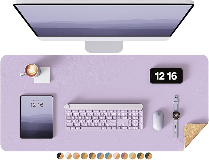 YSAGi Double-Sided Desk Pad, 35.4"x17"Leather Desk Mat, Eco Cork Desk Pad Protector,Large Mouse Pad,Waterproof Desk Blotter for Office/Home(Light Purple)