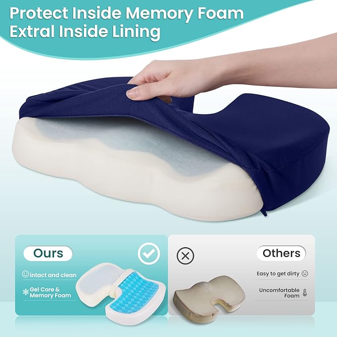 Office Chair Seat Cushion, Cooling Gel Enhanced Memory Foam Cushion for Long Sitting - Back, Sciatica, Coccyx, Tailbone Pain Relief Pillow - for Office, Gaming, Car, Wheelchair - Blue, Large