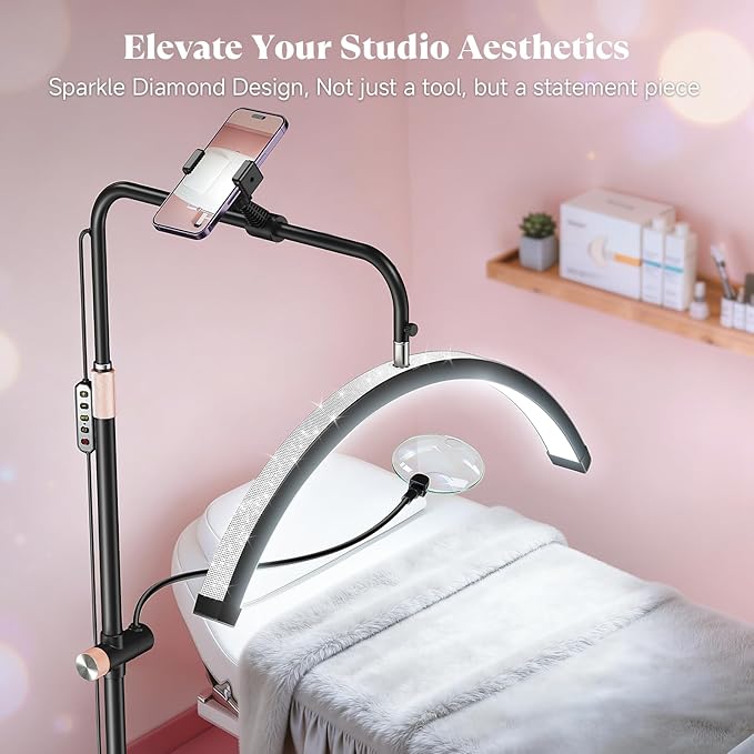 Half Moon Lash Light - Bling Diamond Lash Lamp with 4X Magnifier & Phone Holder, Adjustable Floor Lamp for Eyelash Extensions, Nail Art, Tattoo, Skincare, Dimmable Brightness, Rotating Head, Black